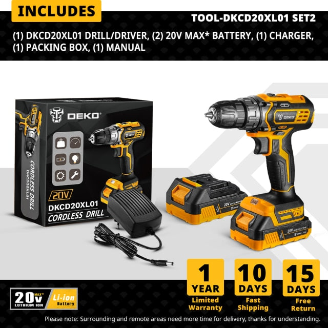 DEKO New Sharker 20V Cordless Drill Driver Screwdriver Mini Wireless Power Driver DC Lithium-Ion Battery 18+1 Settings