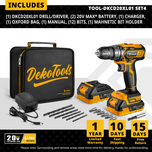 DEKO New Sharker 20V Cordless Drill Driver Screwdriver Mini Wireless Power Driver DC Lithium-Ion Battery 18+1 Settings
