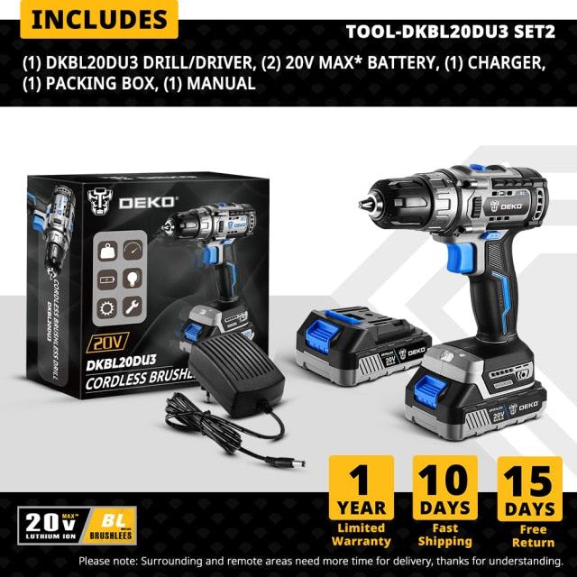 DEKO 20V Brushless Cordless Drill 42N.m Electric Screwdriver & Brushless Wrench 350N.m Electric Impact Wrench(Brushless Series)