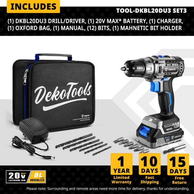 DEKO 20V Brushless Cordless Drill 42N.m Electric Screwdriver & Brushless Wrench 350N.m Electric Impact Wrench(Brushless Series)