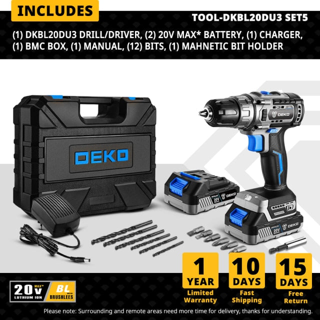 DEKO 20V Brushless Cordless Drill 42N.m Electric Screwdriver & Brushless Wrench 350N.m Electric Impact Wrench(Brushless Series)
