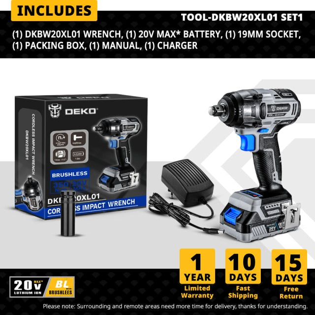 DEKO 20V Brushless Cordless Drill 42N.m Electric Screwdriver & Brushless Wrench 350N.m Electric Impact Wrench(Brushless Series)