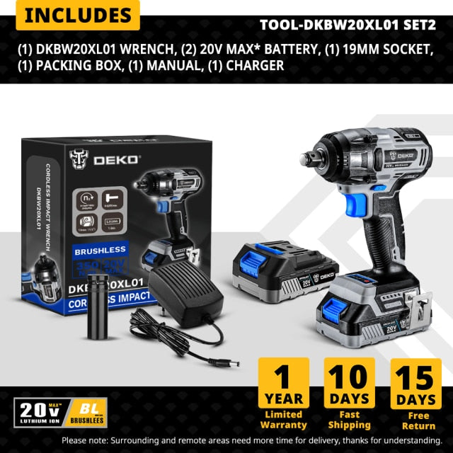 DEKO 20V Brushless Cordless Drill 42N.m Electric Screwdriver & Brushless Wrench 350N.m Electric Impact Wrench(Brushless Series)