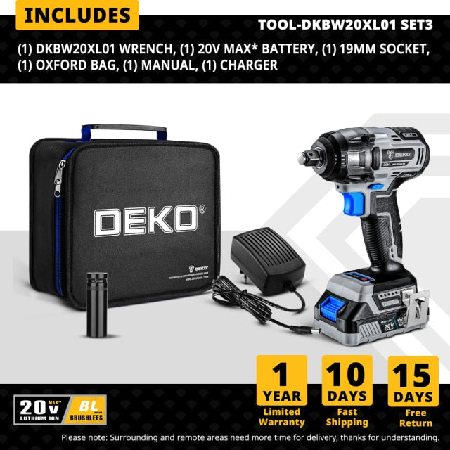 DEKO 20V Brushless Cordless Drill 42N.m Electric Screwdriver & Brushless Wrench 350N.m Electric Impact Wrench(Brushless Series)
