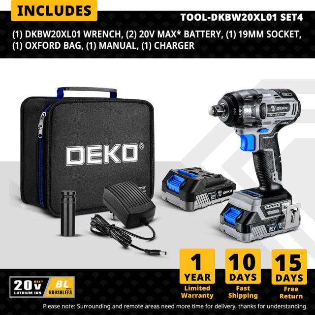 DEKO 20V Brushless Cordless Drill 42N.m Electric Screwdriver & Brushless Wrench 350N.m Electric Impact Wrench(Brushless Series)