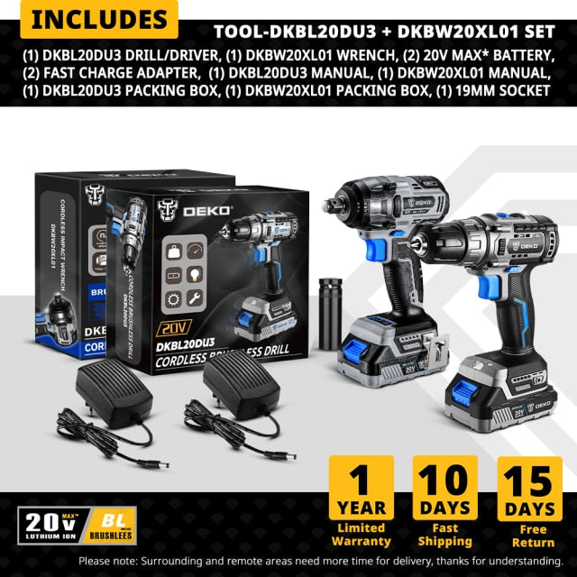 DEKO 20V Brushless Cordless Drill 42N.m Electric Screwdriver & Brushless Wrench 350N.m Electric Impact Wrench(Brushless Series)