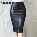 Aachoae Black PU Leather Skirt Women 2021 New Midi Sexy High Waist Bodycon Split Skirt Office Pencil Skirt Knee Length Plus Size