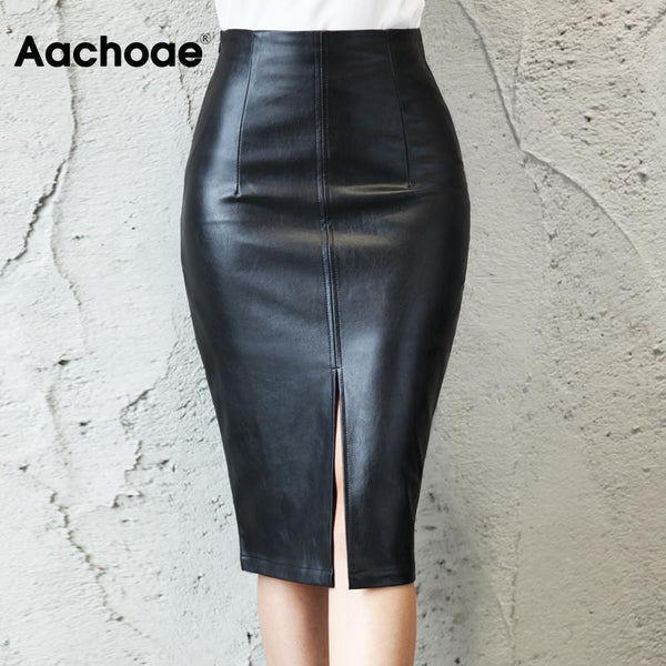 Aachoae Black PU Leather Skirt Women 2021 New Midi Sexy High Waist Bodycon Split Skirt Office Pencil Skirt Knee Length Plus Size