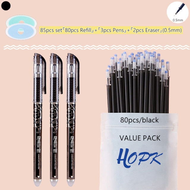 85Pcs/Set Blue Black Ink Gel Pen 0.5mm Erasable Refill Rod Erasable Pen Washable Handle School Writing Kawaii Stationery Gel Pen