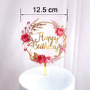 Flowers Cake Topper Happy Birthday Gold Silver Birthday Party Cake Insert Acrylic Cake Decoration Wedding Cakes Dessert Decor