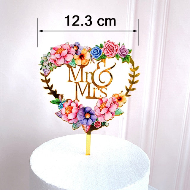 Flowers Cake Topper Happy Birthday Gold Silver Birthday Party Cake Insert Acrylic Cake Decoration Wedding Cakes Dessert Decor