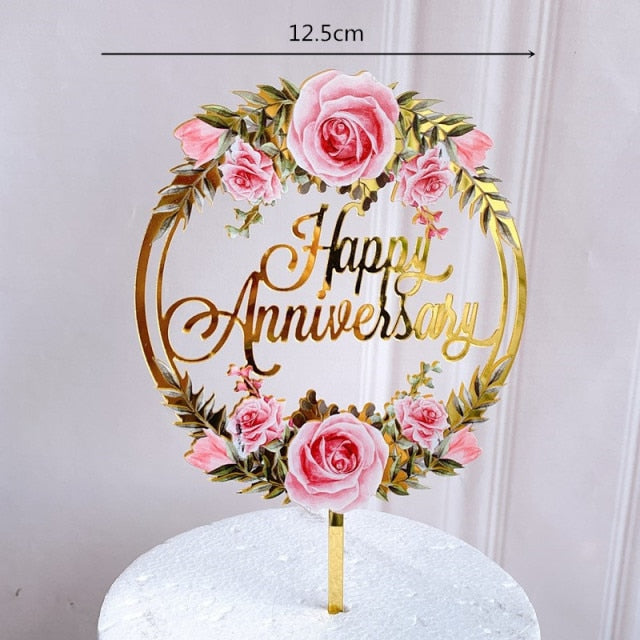 Flowers Cake Topper Happy Birthday Gold Silver Birthday Party Cake Insert Acrylic Cake Decoration Wedding Cakes Dessert Decor