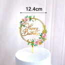 Flowers Cake Topper Happy Birthday Gold Silver Birthday Party Cake Insert Acrylic Cake Decoration Wedding Cakes Dessert Decor