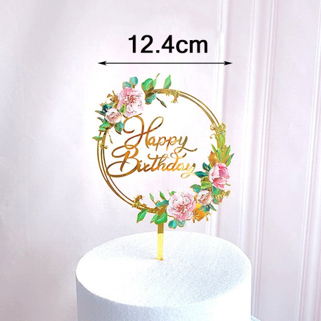 Flowers Cake Topper Happy Birthday Gold Silver Birthday Party Cake Insert Acrylic Cake Decoration Wedding Cakes Dessert Decor