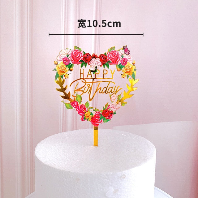 Flowers Cake Topper Happy Birthday Gold Silver Birthday Party Cake Insert Acrylic Cake Decoration Wedding Cakes Dessert Decor