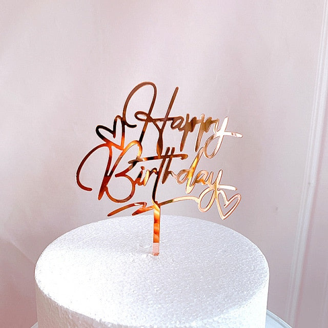 Flowers Cake Topper Happy Birthday Gold Silver Birthday Party Cake Insert Acrylic Cake Decoration Wedding Cakes Dessert Decor