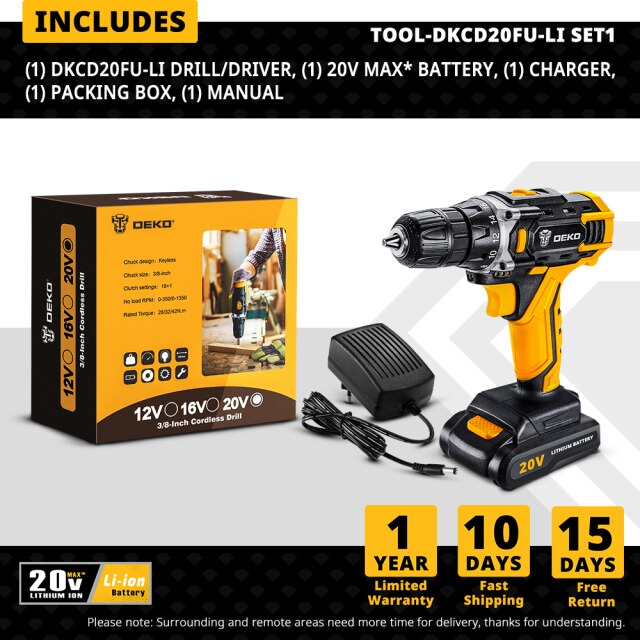 DEKO Banger 12V Loner 16V Sharker 20V Cordless Drill with LED Light Electric Screwdriver with Lithium Battery Mini Power Driver