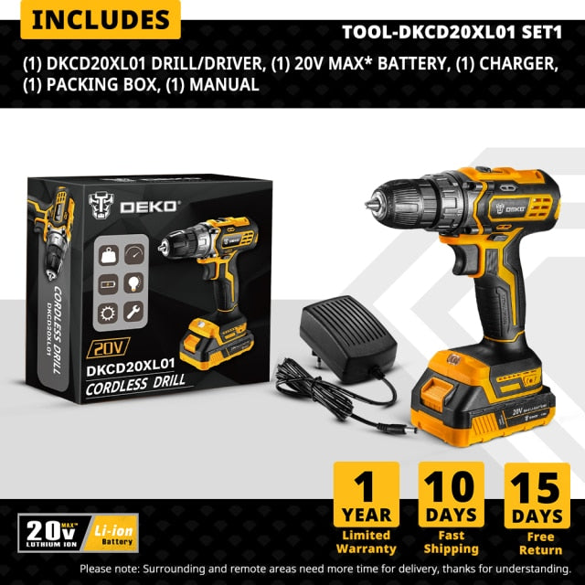 DEKO Banger 12V Loner 16V Sharker 20V Cordless Drill with LED Light Electric Screwdriver with Lithium Battery Mini Power Driver