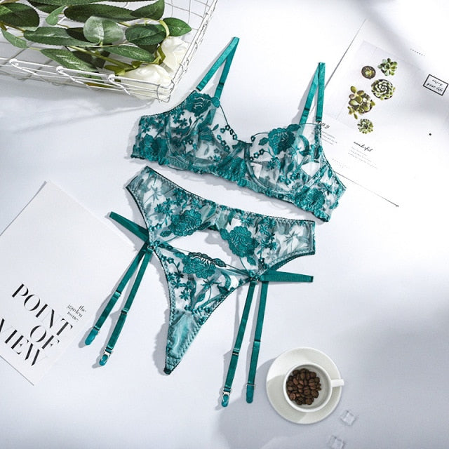 Bra and Panty Set Women Underwear Lace Lingerie 3pcs Open Cup See Through Thong Floral Embroidery Underwear Transparent Bra Set
