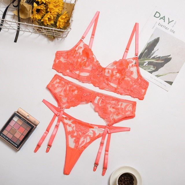 Bra and Panty Set Women Underwear Lace Lingerie 3pcs Open Cup See Through Thong Floral Embroidery Underwear Transparent Bra Set