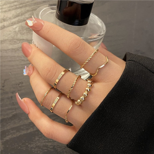 New Korea 8pcs/set Vintage Colorful Stone Metallic Chain Trendy Geometry Hit Rings Set for Women Girls Jewelry