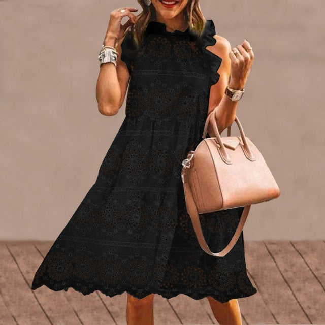 Lace Dress 2021 VONDA Summer Cotton Ruffled Neck Hollow Out Short Dresses Bohemian Party Vestidos Mini Robe Femme Beach Sundress