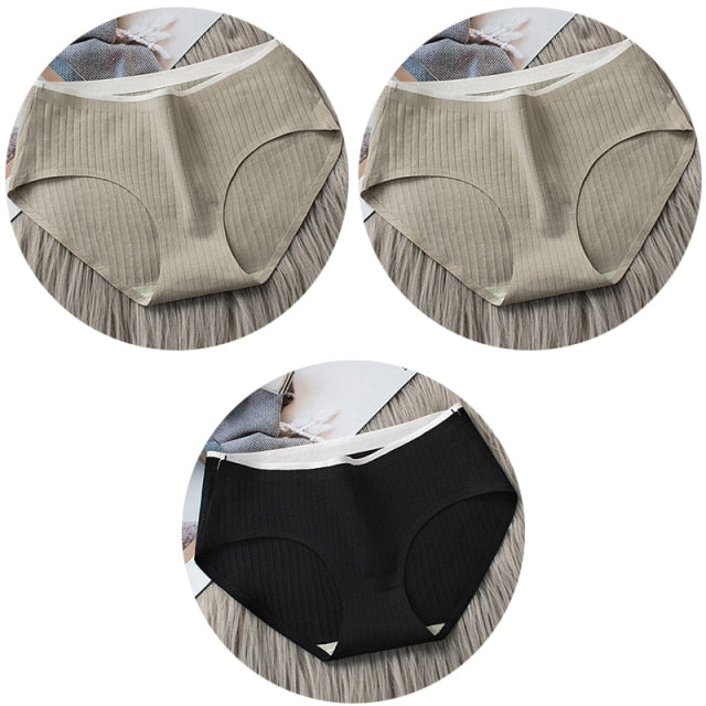 3Pcs Women's Underwear Cotton Seamless Stripes Panties Soild Color Skin- friendly Lingerie Woman Panty Low Waist M-XL Plus Size