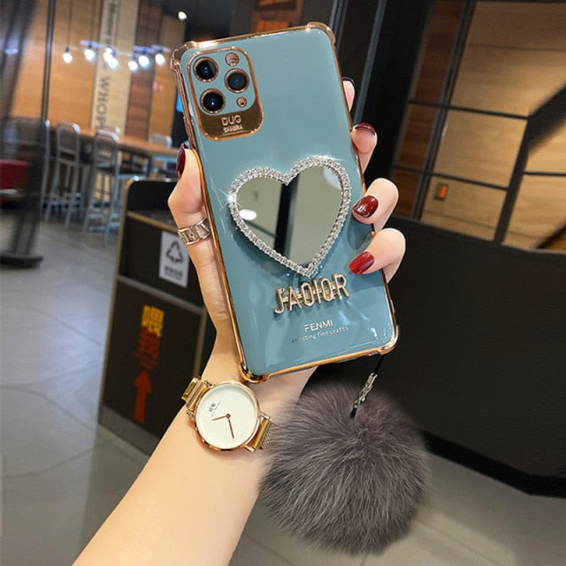 Luxury Plating Love Heart Mirror Hairball Phone Case For Iphone 13 12 11 Pro Max 7 Plus X XR Fashion Glitter Soft Silicone Cover