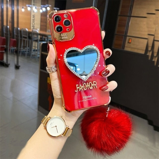 Luxury Plating Love Heart Mirror Hairball Phone Case For Iphone 13 12 11 Pro Max 7 Plus X XR Fashion Glitter Soft Silicone Cover