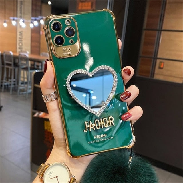 Luxury Plating Love Heart Mirror Hairball Phone Case For Iphone 13 12 11 Pro Max 7 Plus X XR Fashion Glitter Soft Silicone Cover