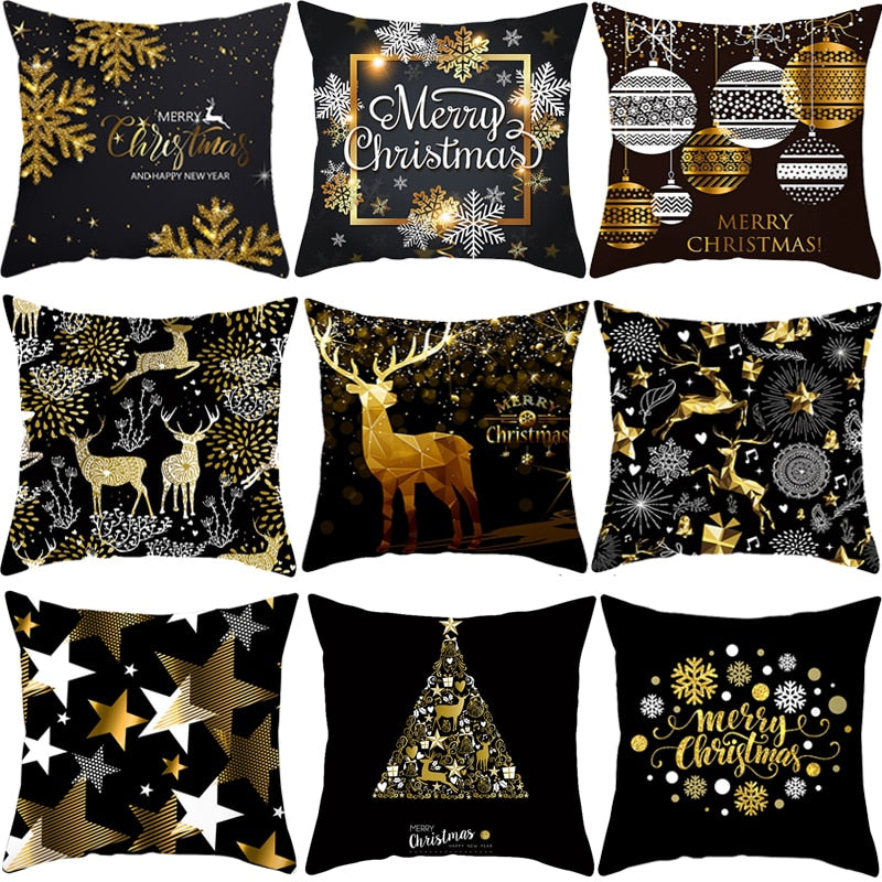 45cm Christmas Black Gold Cushion Cover Merry Christmas Decorations for Home Cristmas Ornaments Natal Navidad Gift New Year 2021