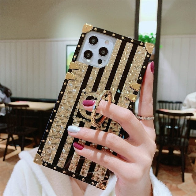 Luxury Square Glitter Retro Rose Flower Phone Case For iPhone 13 12 11 PRO MAX 6s 7 8 Plus X Fashion Diamond Ring Silicone Cover