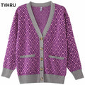 TYHRU Women's Knitting Sweater Color Matching Diamond Lattice Single-Breasted Buttons Loose Casual Knitted Cardigan Sweaters