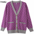 TYHRU Women's Knitting Sweater Color Matching Diamond Lattice Single-Breasted Buttons Loose Casual Knitted Cardigan Sweaters