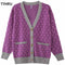 TYHRU Women's Knitting Sweater Color Matching Diamond Lattice Single-Breasted Buttons Loose Casual Knitted Cardigan Sweaters