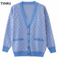 TYHRU Women's Knitting Sweater Color Matching Diamond Lattice Single-Breasted Buttons Loose Casual Knitted Cardigan Sweaters