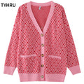 TYHRU Women's Knitting Sweater Color Matching Diamond Lattice Single-Breasted Buttons Loose Casual Knitted Cardigan Sweaters