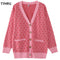 TYHRU Women's Knitting Sweater Color Matching Diamond Lattice Single-Breasted Buttons Loose Casual Knitted Cardigan Sweaters