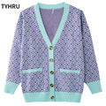 TYHRU Women's Knitting Sweater Color Matching Diamond Lattice Single-Breasted Buttons Loose Casual Knitted Cardigan Sweaters