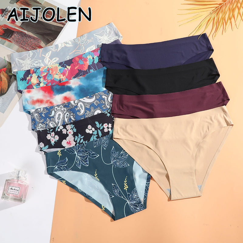 AIJOLEN  Printed Plant Underwear Ice Silk Seamless Panties Female Underpants Briefs Solid Color Women's Underwear Soft Lingerie