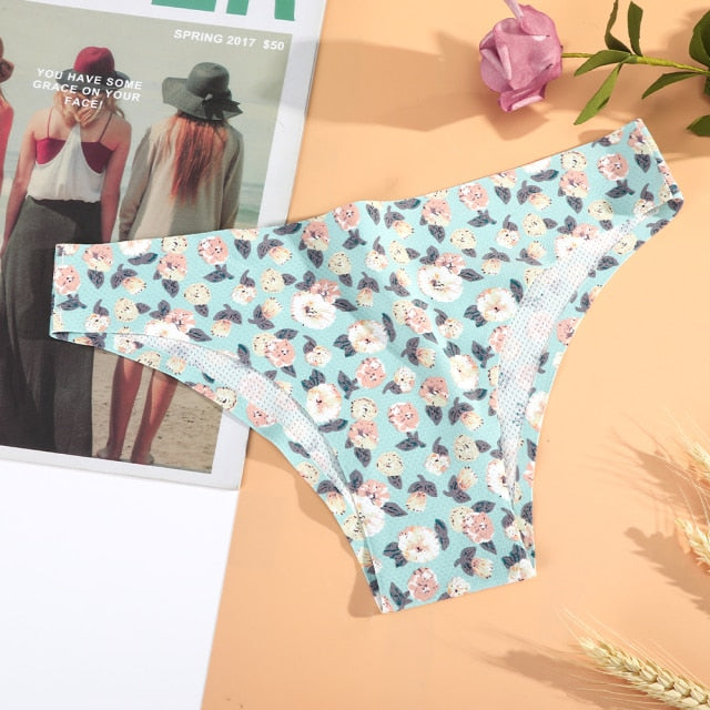 AIJOLEN  Printed Plant Underwear Ice Silk Seamless Panties Female Underpants Briefs Solid Color Women's Underwear Soft Lingerie