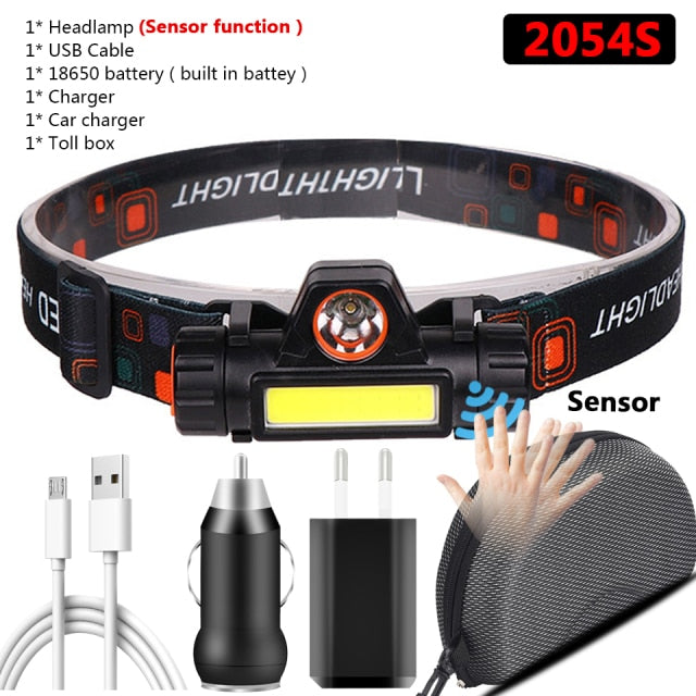 Zoomable Built-in Battery Camping Powerful LED Headlamp COB USB Rechargeable Headlight Waterproof Head Torch Head Lamp Lantern