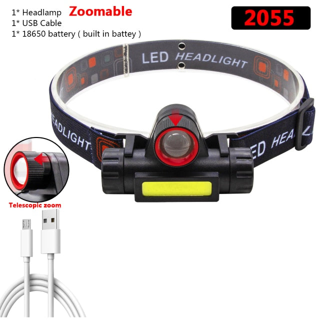 Zoomable Built-in Battery Camping Powerful LED Headlamp COB USB Rechargeable Headlight Waterproof Head Torch Head Lamp Lantern