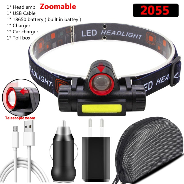 Zoomable Built-in Battery Camping Powerful LED Headlamp COB USB Rechargeable Headlight Waterproof Head Torch Head Lamp Lantern