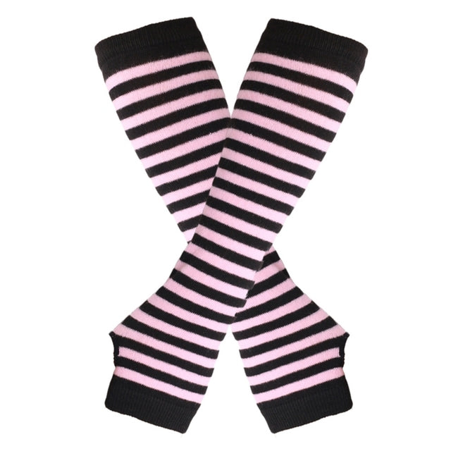 Elbow Length Fingerless Gloves Arm Sleeve Warmer Rainbow Colored Striped Knitted Sunscreen Halloween Costume Fingerless Mittens