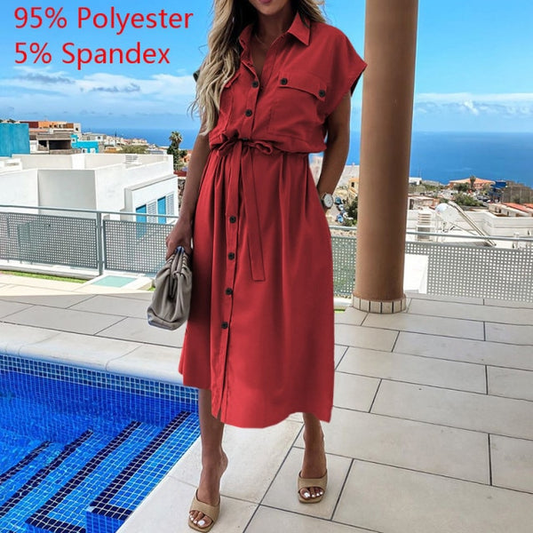Celmia Elegant Dress 2021 Fashion Women Lapel Party Dress Short Sleeve Casual Buttons Vintage High Waist Midi Vestido Oversized