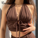 Rapcopter Brown y2k Camis Ruched Tie Up Crop Top Harajuku Tank Top Backless Halter Cute Tee Top Women Party Beach Sweat Holiday