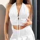 Rapcopter Brown y2k Camis Ruched Tie Up Crop Top Harajuku Tank Top Backless Halter Cute Tee Top Women Party Beach Sweat Holiday