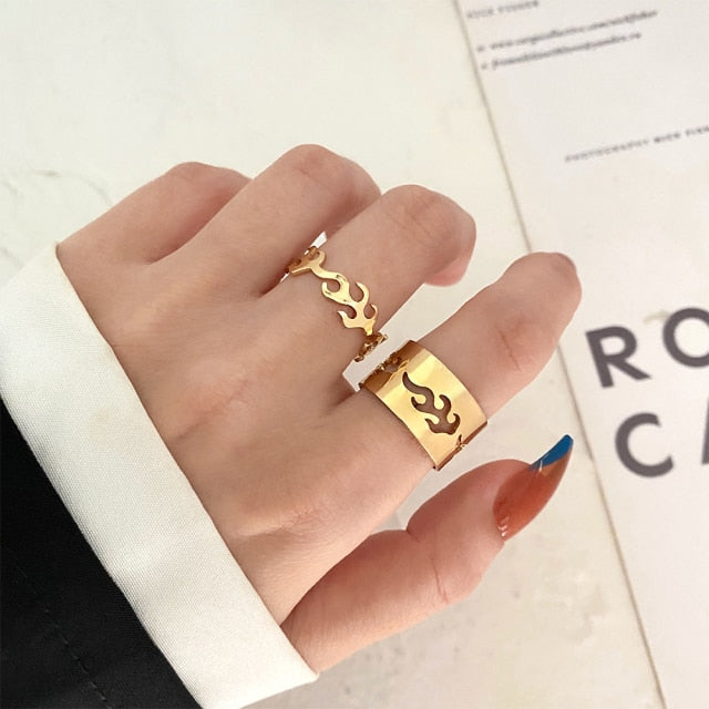 UMKA Trendy Gold Silver Color Flame Rings For Women Men Lover Couple Rings Set Friendship Engagement Wedding Open Rings Jewelry