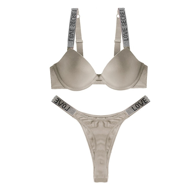 Fashion Women Underwear Push Up Bra Letter Rhinestone Secret Soft Bralette for Female Sex Lingerie UnderWire Adjusted Black Pink